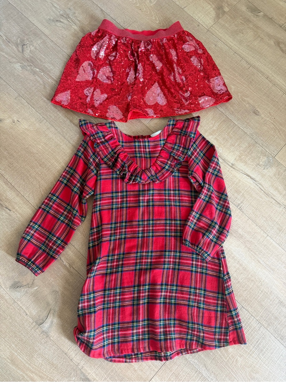 H&M Red Plaid Ruffle Collar Long Sleeve Dress with Sequin Heart Skirt